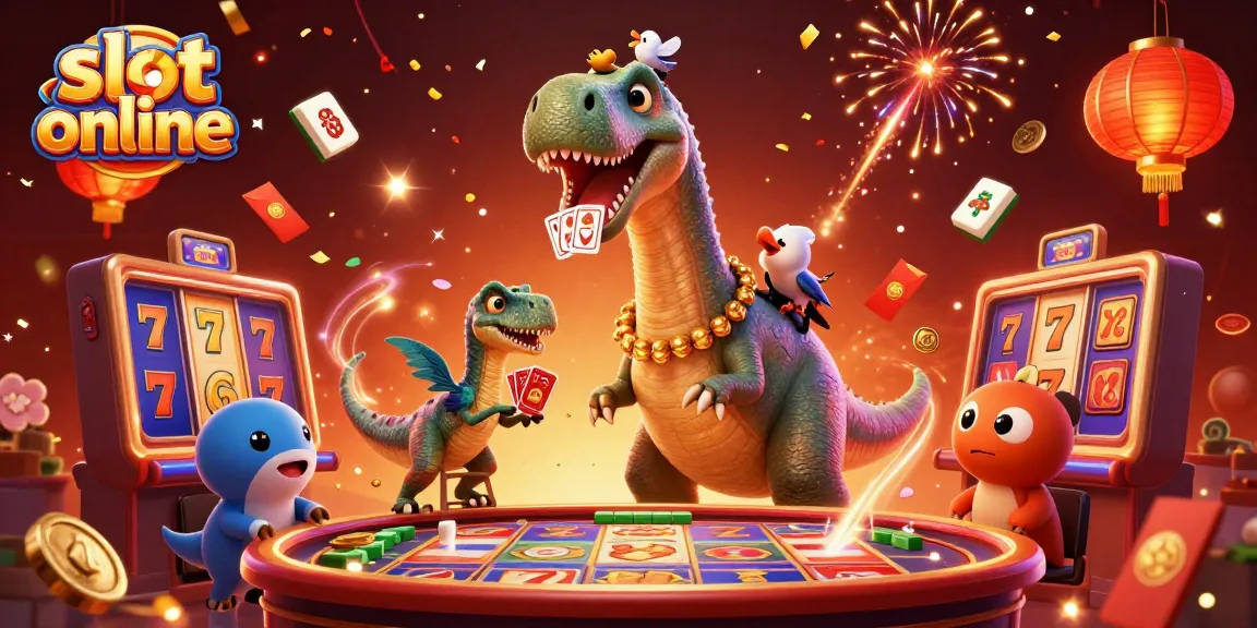 Experience exciting slot online adventures with a whimsical brontosaurus and raptor in this vibrant casino scene.
