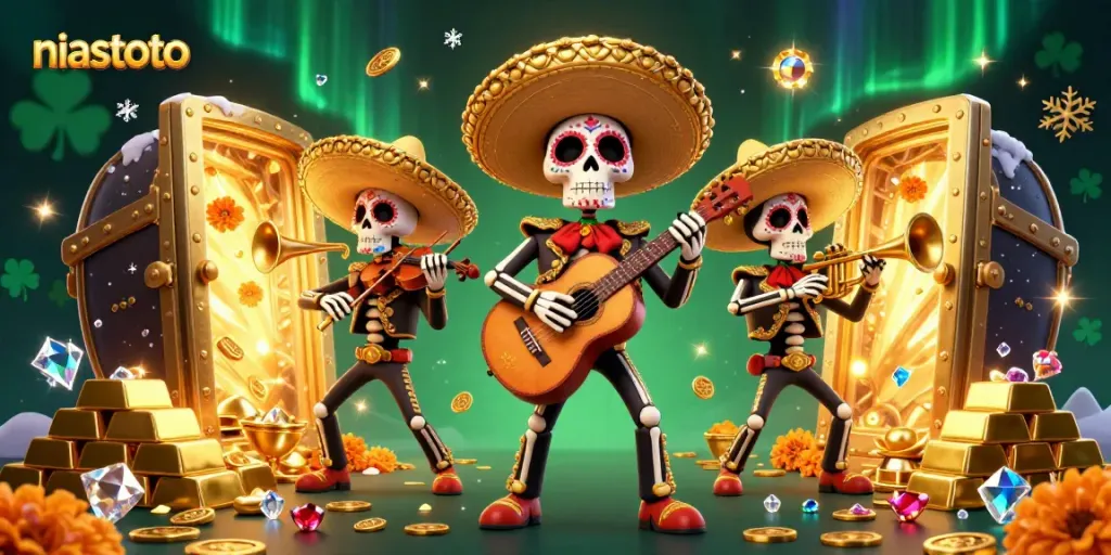 Gambarkan niastoto saat mariachi tengkorak bermain di dunia kasino yang berkilau.