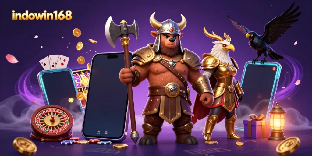 Mainkan permainan slot menarik di indowin168 dengan karakter Viking dan elemen kasino yang dinamis.