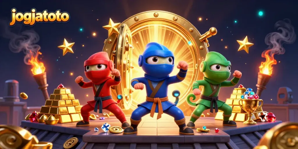 Experience the thrill with jogjatoto's dynamic ninja chameleons showcasing their winning moves amidst gold treasures.