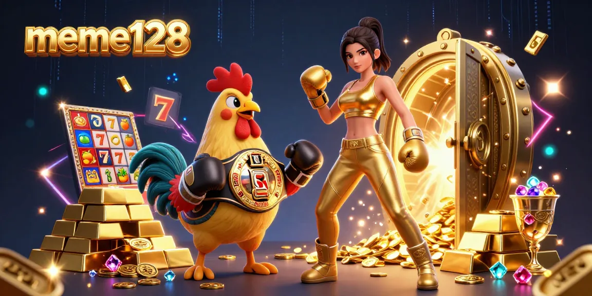 Engage with meme128's thrilling slot experience illustrated by a vibrant scene of dynamic characters and sparkling casino elements.