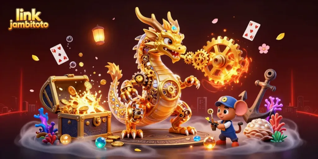 Engage with link jambitoto in a vibrant 3D dragon illustration showcasing the world of online gambling.