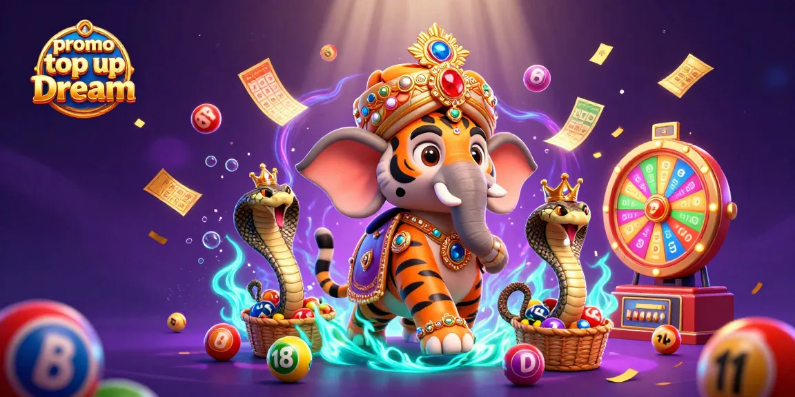 Engage with the promo top up Royal Dream feature through vibrant gaming elements and dynamic illustration.