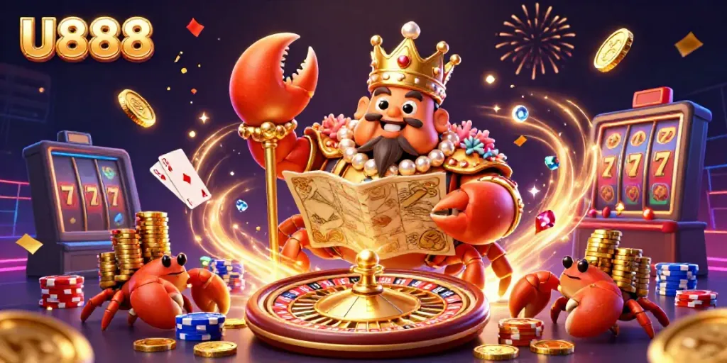Experience the exciting world of U888 with a cartoon crab emperor ruling a dynamic casino scene.