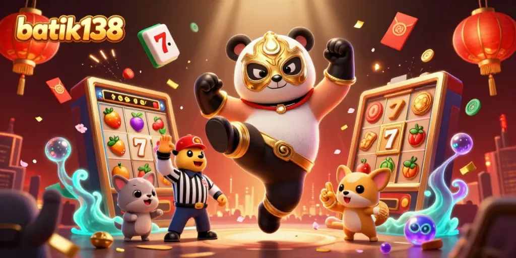 Gambarkan batik138, simbol kemenangan dengan panda dan chihuahua di arena kasino yang penuh semangat.