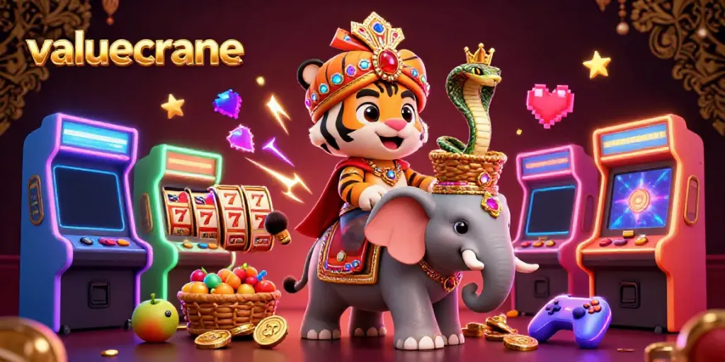 Gambarkan nilai crane dengan simbol slot berwarna-warni dan karakter di latar belakang.