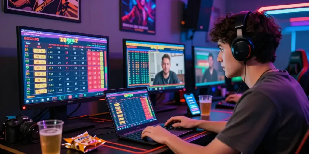 Pengguna togel online memantau hasil dan statistik di beberapa layar dalam suasana penuh energi.