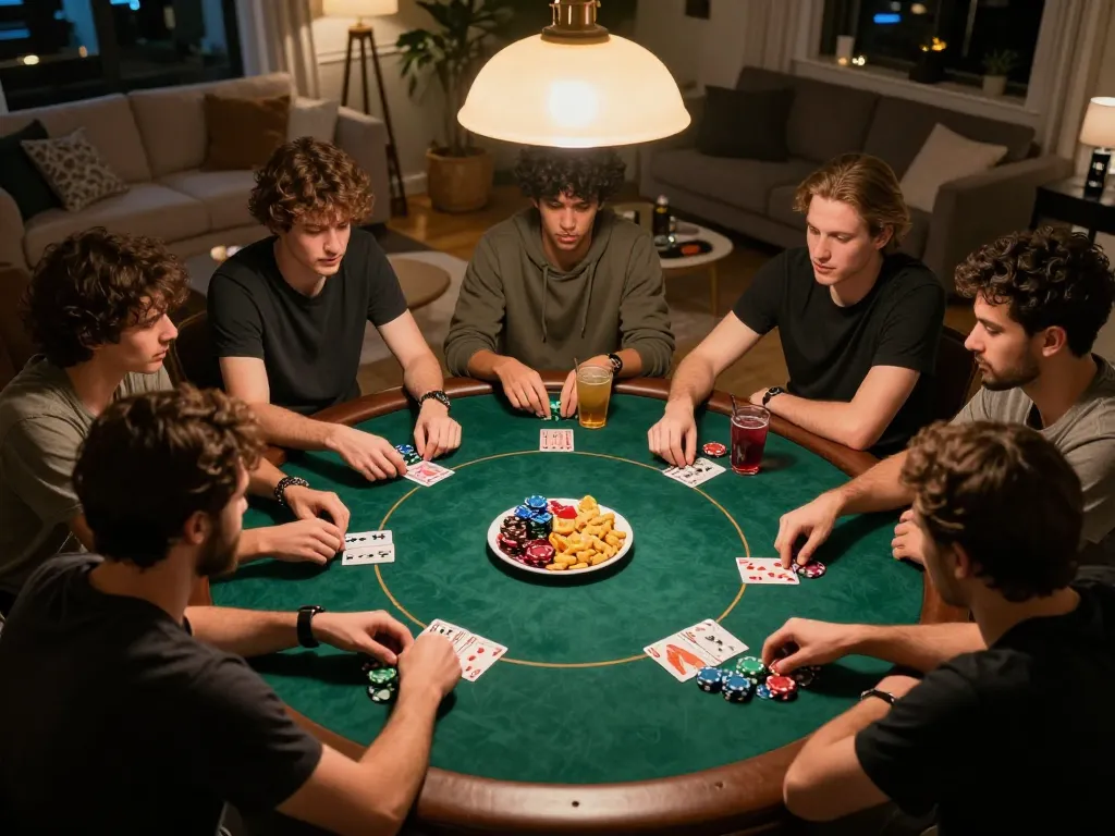 Bạn bè tham gia trò chơi poker trong một buổi tối tại nhà trong khi sử dụng các chiến lược để chiến thắng tại 12bet.