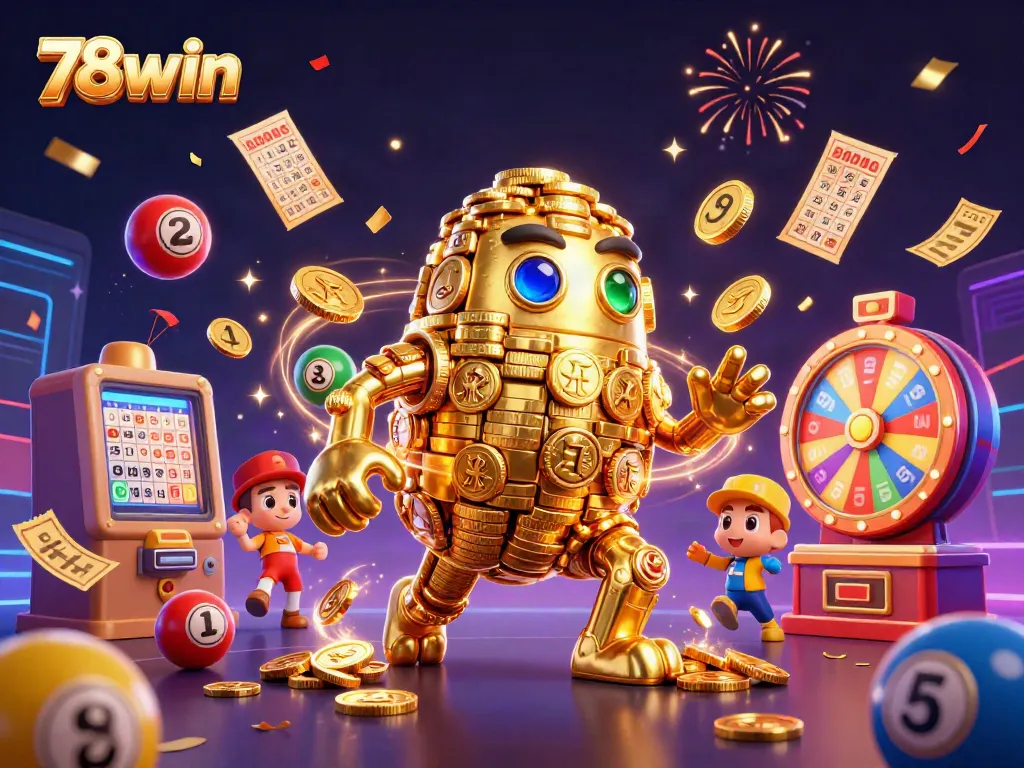 Experience the thrilling casino atmosphere with 78win, featuring an animated golden golem surrounded by vibrant lottery balls and lively gaming elements.