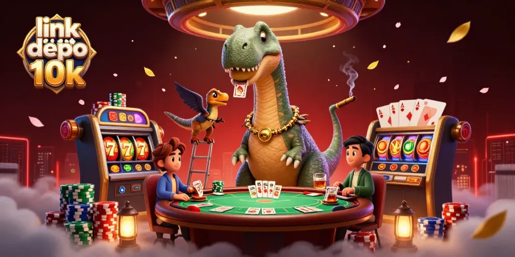 Engage with thrilling visuals of link slot depo 10k featuring vibrant casino elements and characters.