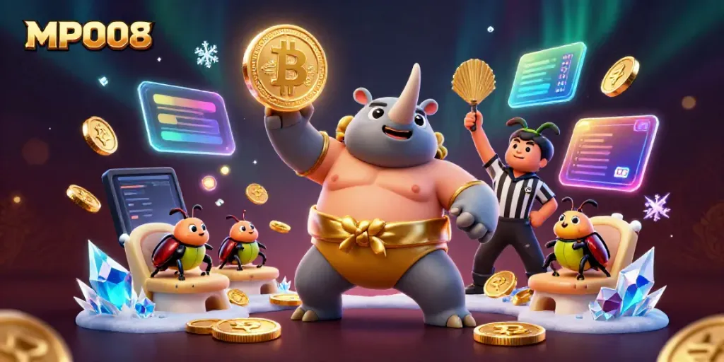 MPO08 features a dynamic casino scene with a rhinoceros beetle champion and cryptocurrency motifs.