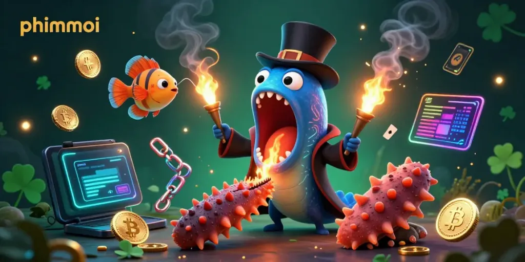 Engaging magical scene with phimmoi characters performing a casino card trick, showcasing vibrant digital elements.