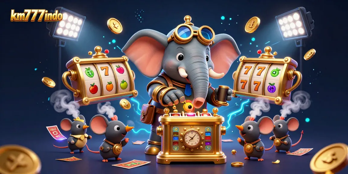 Experience winning at km777indo with a steampunk elephant at a vibrant slot machine surrounded by trophies and dynamics.