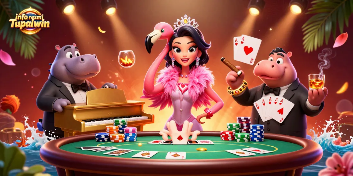 Menyajikan info resmi Tupaiwin, gambar kartun 3D kasino, penyanyi flamingo, dan hippo pemain bass dalam suasana ceria.
