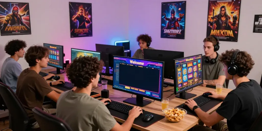 SLOTGEMBIRA gaming scene with friends enjoying digital slot games together online.