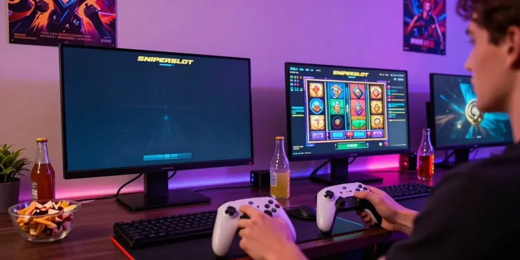 Pengalaman bermain SNIPERSLOT dengan suasana gaming yang penuh energi dan grafis yang dinamis.