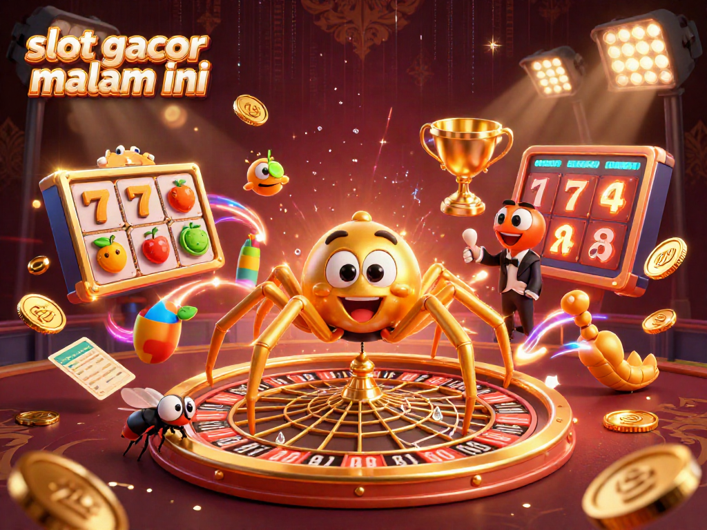 Melihat slot gacor malam ini dengan laba-laba emas dan simbol jackpot yang mengesankan.