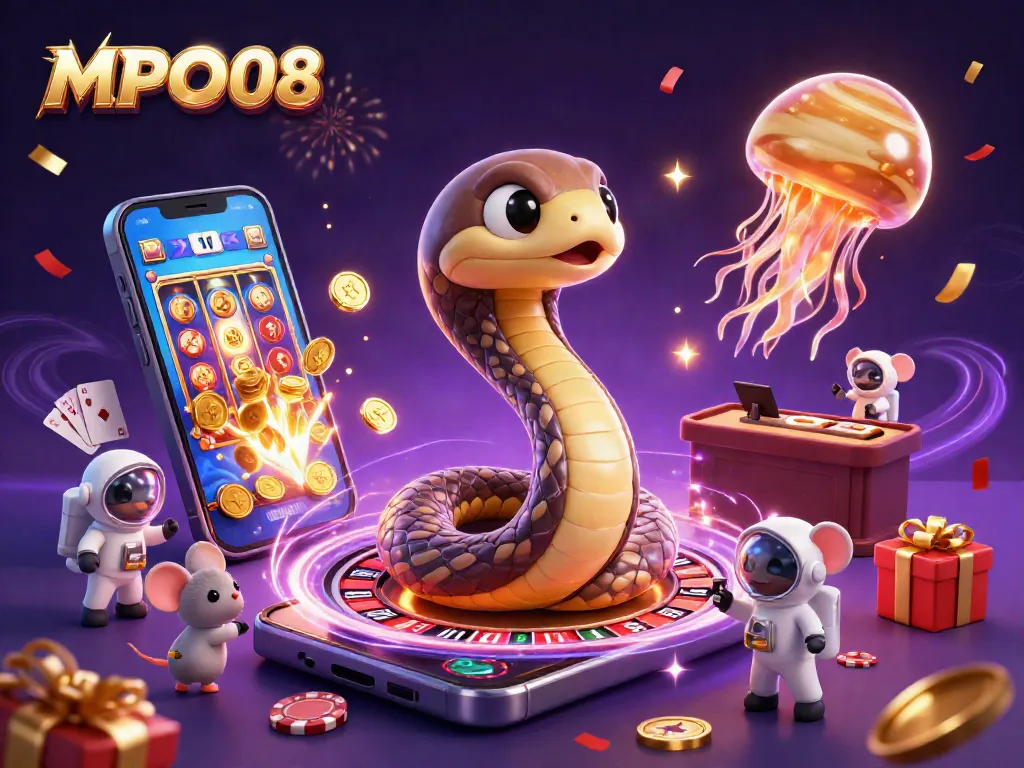 MPO08 showcases cosmic gambling fun with a Saturn snake roulette wheel and playful astronaut mice.