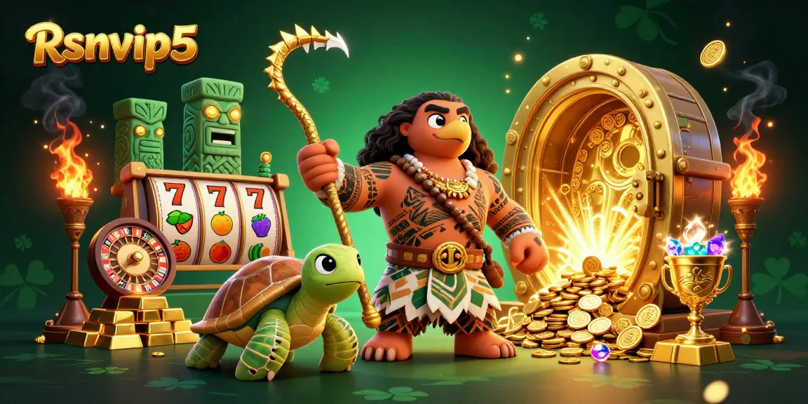 Putar gulungan dengan ilustrasi kasino menarik Rsnvip5 yang menampilkan seorang demigod dan harta karun.