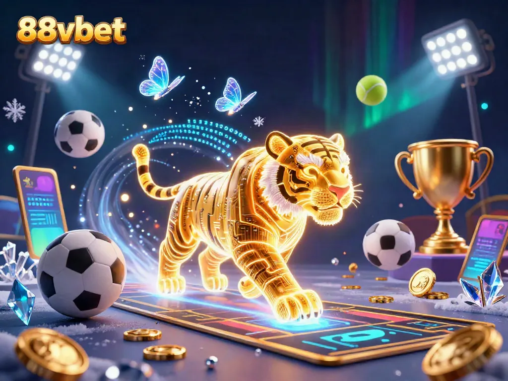 Engage with the vibrant realm of 88vbet as a golden tiger prowls a dynamic casino landscape filled with sports elements.