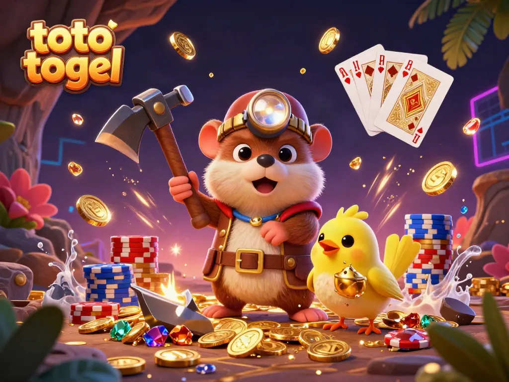 Explore the vibrant world of toto togel with a cartoon mole and canary amidst sparkling treasures and poker chips.
