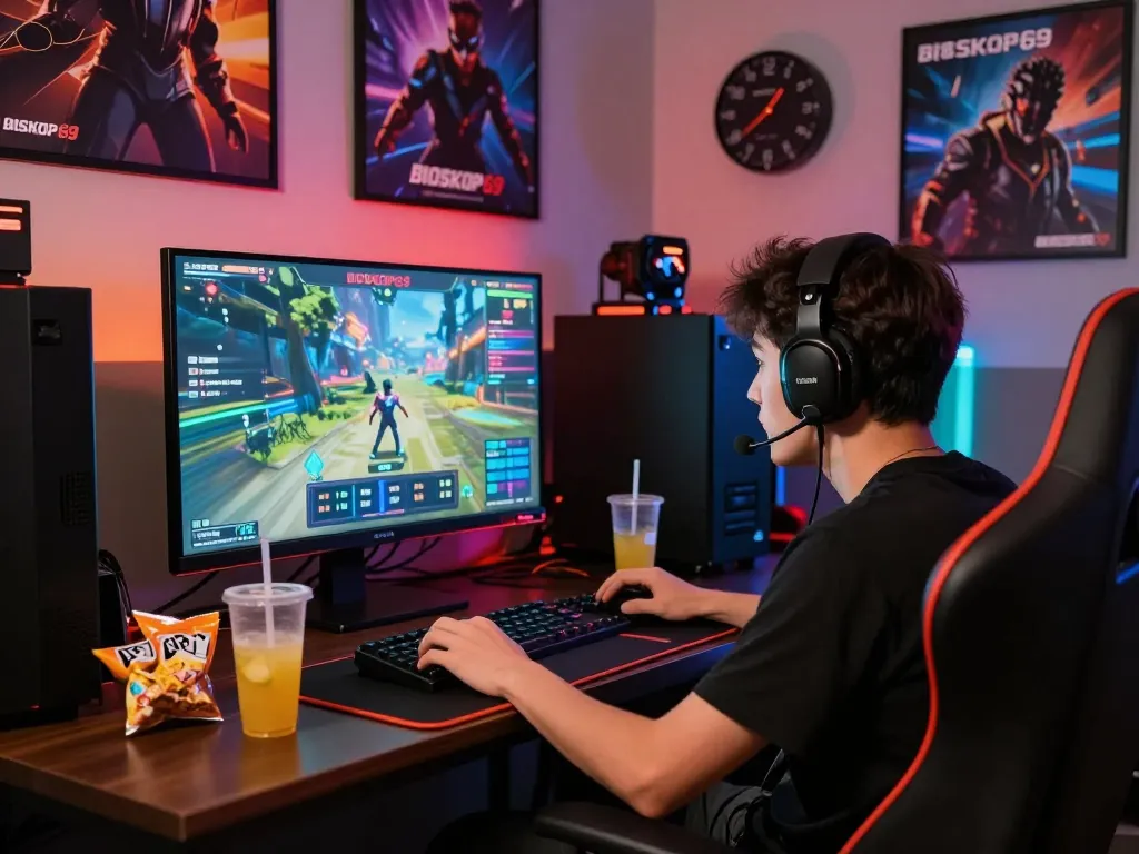 Gamer immersed in BIOSKOP69 virtual game, dynamic gaming setup with LED lights and snacks.