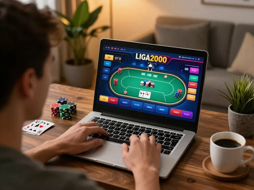 LIGA2000 player engaged in online poker at home, showcasing strategic betting environment.