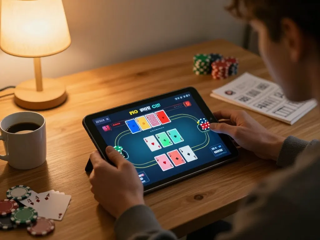 Pemain M88 Mansion Indo menikmati permainan poker langsung di tablet dalam suasana rumah yang nyaman