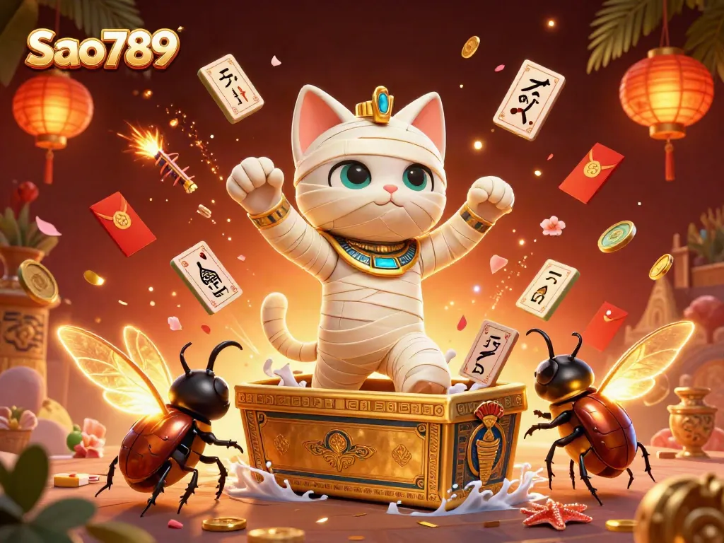 Sao789 takes center stage in a vibrant, action-packed casino scene with an Egyptian mummy cat and scarab.