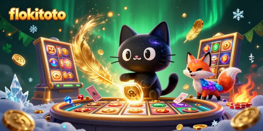 Spin the reels with flokitoto, featuring a cosmic black hole cat at a vibrant slot table.