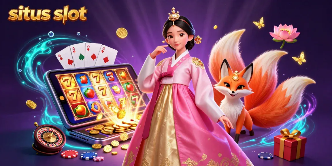 Play exciting situs slot games with a graceful Asian woman and a lucky nine-tailed fox amidst vibrant symbols.