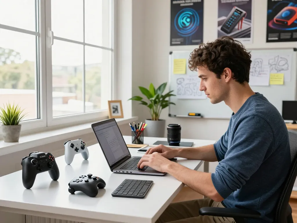 Exploring affordable tech gadgets in a modern workspace with a laptop, Bluetooth controller, and smart devices.