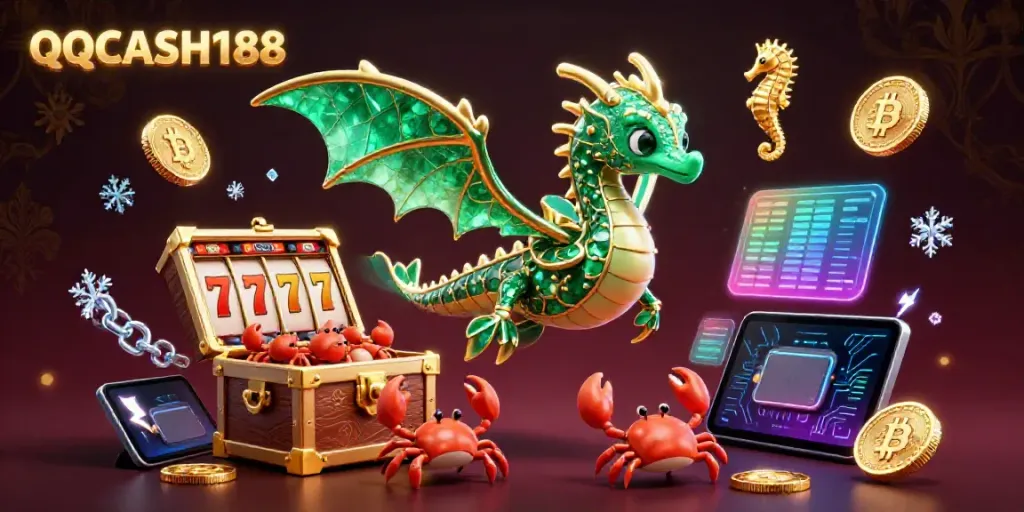 Experience thrilling gameplay at QQCASH188 featuring slots, vibrant dragons, and cryptocurrency elements.