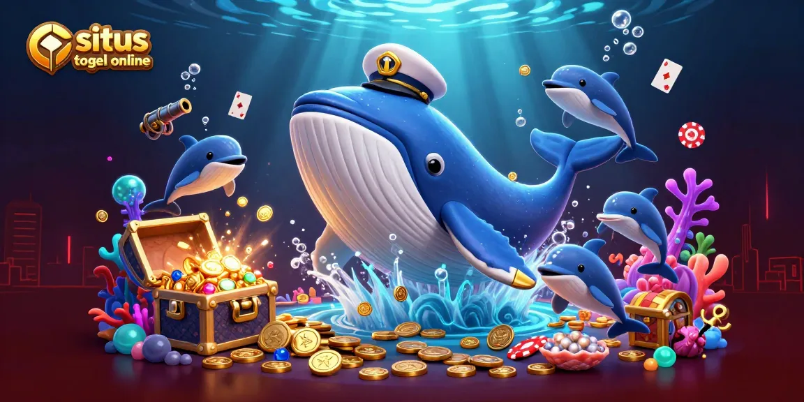 Menggali kesenangan situs togel online dengan ikan paus kartun dan koin emas.