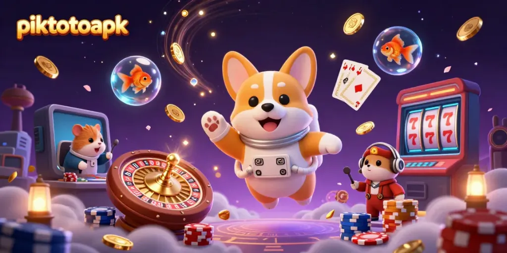 Experience thrilling gameplay with piktotoapk in a vibrant casino scene featuring floating corgi and whimsical characters.