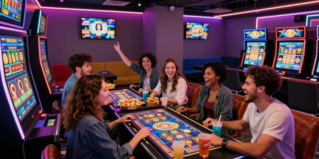Friends enjoying the Seributoto gaming experience at a modern lounge