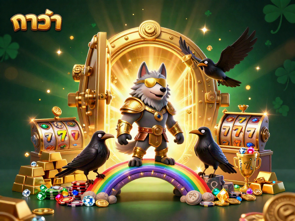Engage in บาคาร่า gaming with an Odin wolf and ravens amidst casino treasures and vibrant slot reels.