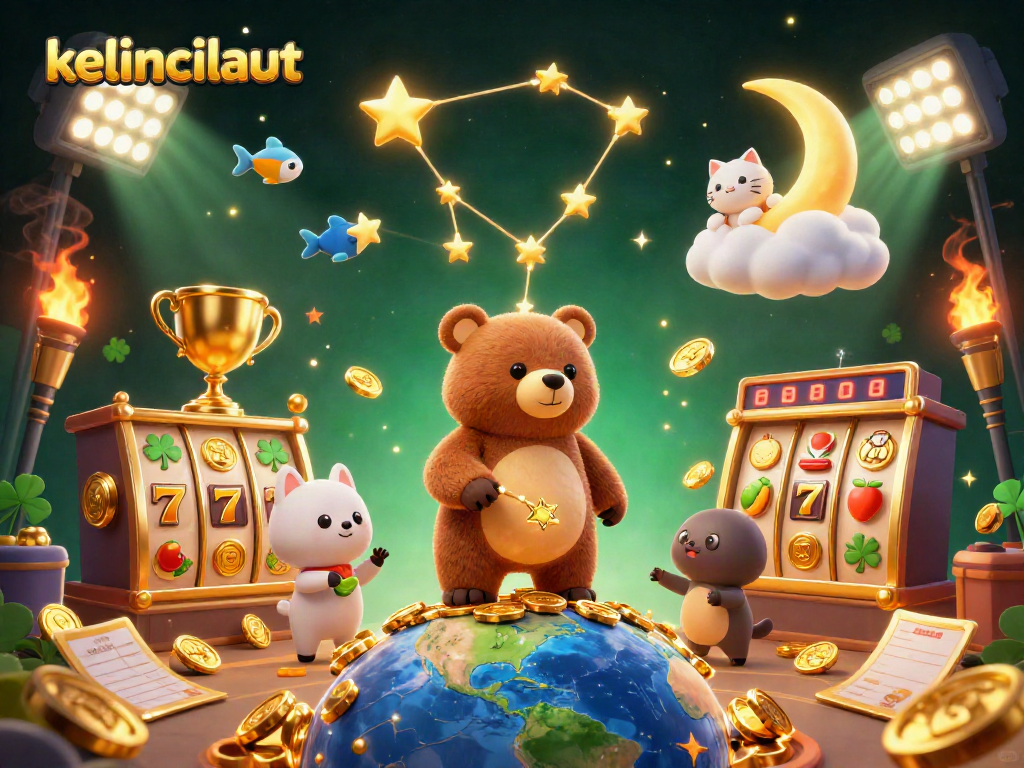 Experience the thrill of kelincilaut with this vibrant 3D casino illustration of slots and gold coins.