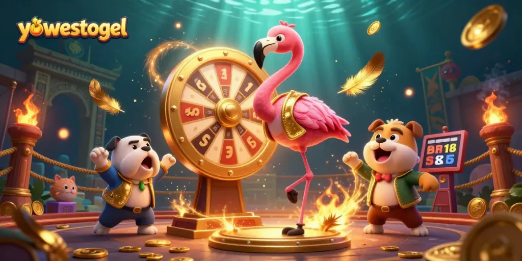 Engage with yowestogel's vibrant lottery scene featuring a flamingo host, bulldog contestant, and prize scoreboard.