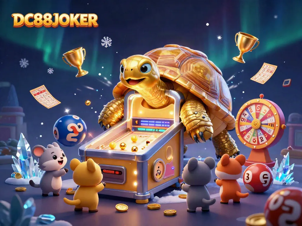 Engage with DC88JOKER in a vibrant lottery scene featuring a colossal golden tortoise and excited animals testing their luck.