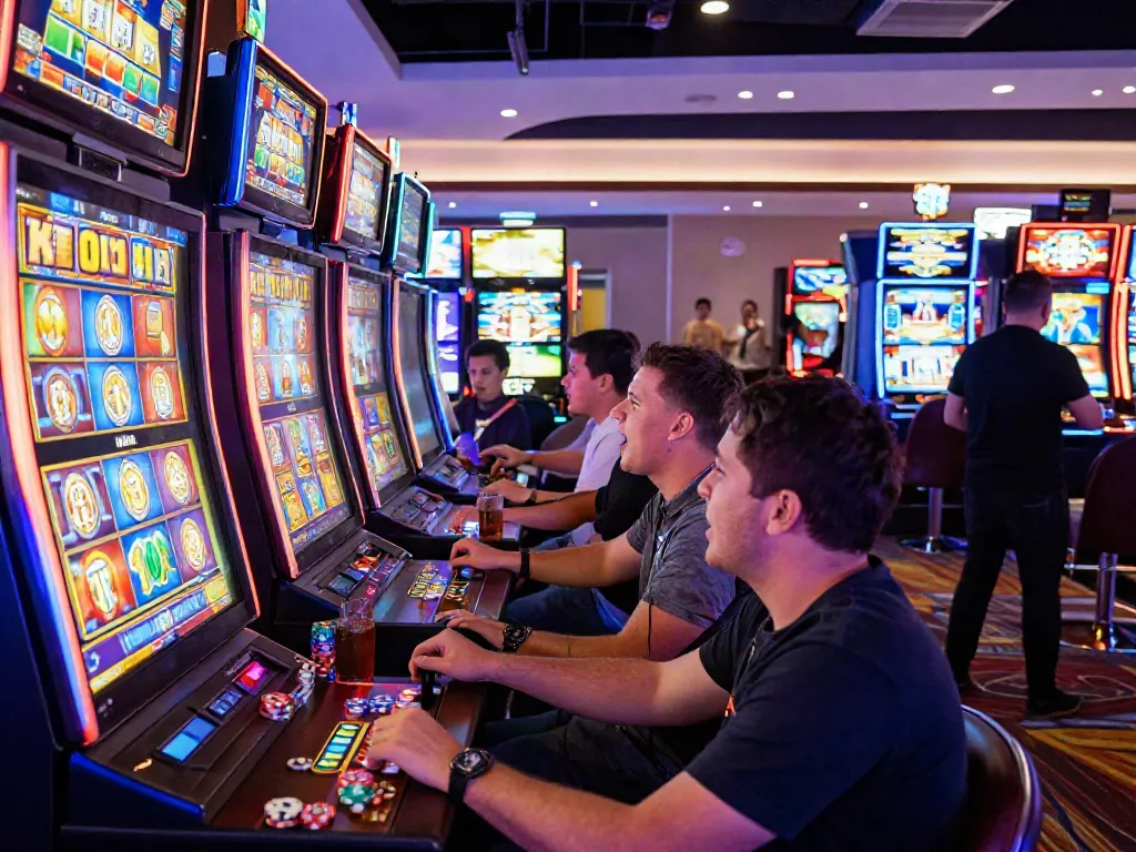 Suasana kasino dengan pemain aktif di mesin slot pecah25 yang penuh warna dan menarik.