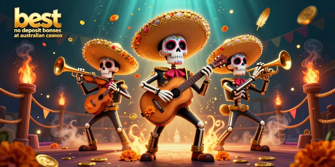 Engage with the best no deposit bonuses at australian casinos featuring vibrant mariachi skeletons in a colorful casino scene.