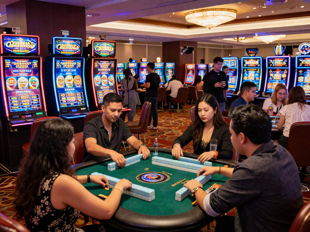 Exciting casino scene featuring players at Slot Gacor MAHJONGJP88 table, vibrant atmosphere and luxurious setting.