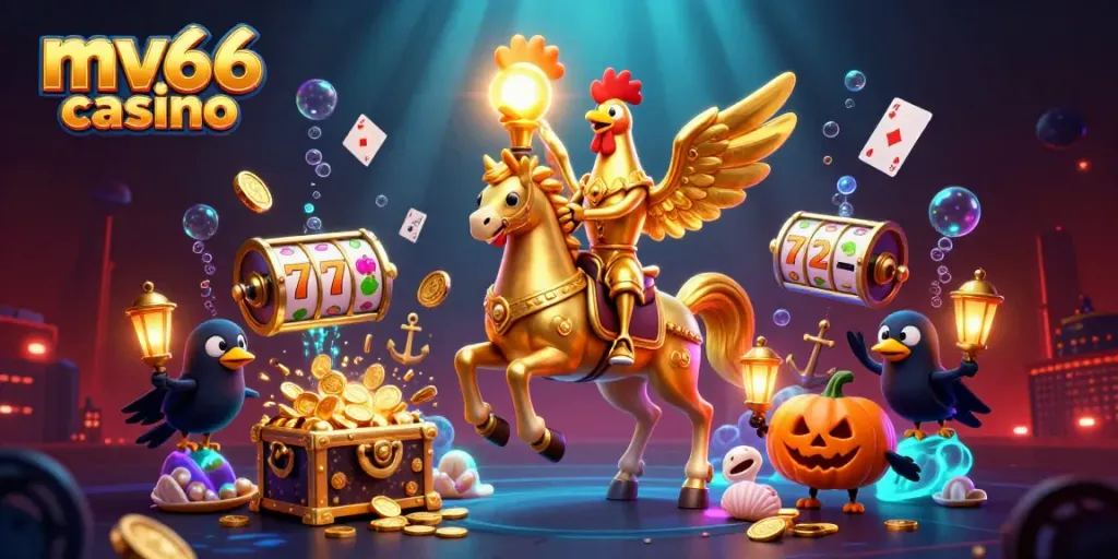 Experience the thrill of mv66 casino with golden rooster and crow companions in a magical midnight scene.