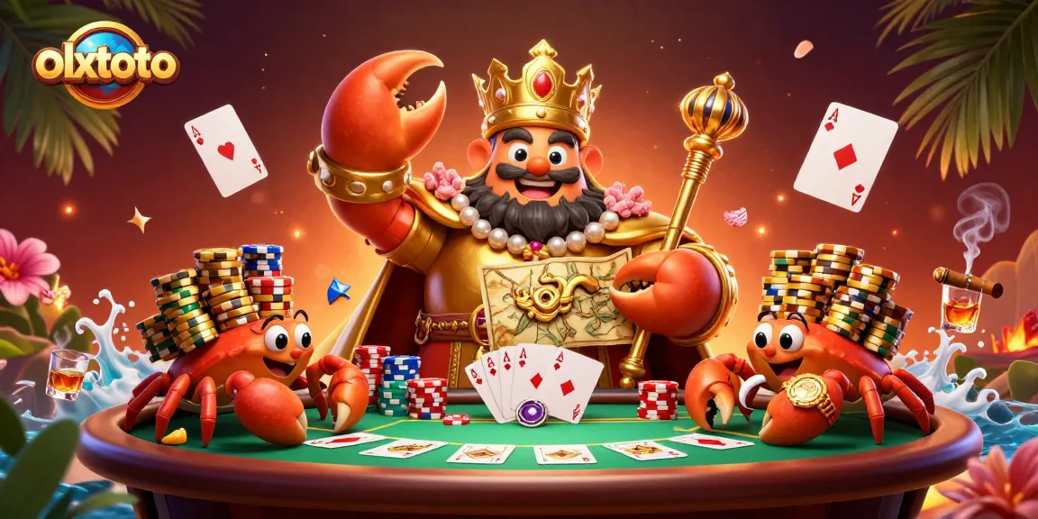Gambar olxtoto yang menggambarkan kepiting emas besar di kasino, memegang peta harta dan tongkat kerajaan.