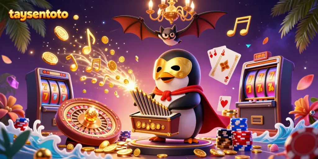 Experience the thrills with taysentoto as the penguin conducts winning casino elements in a spectacular scene.