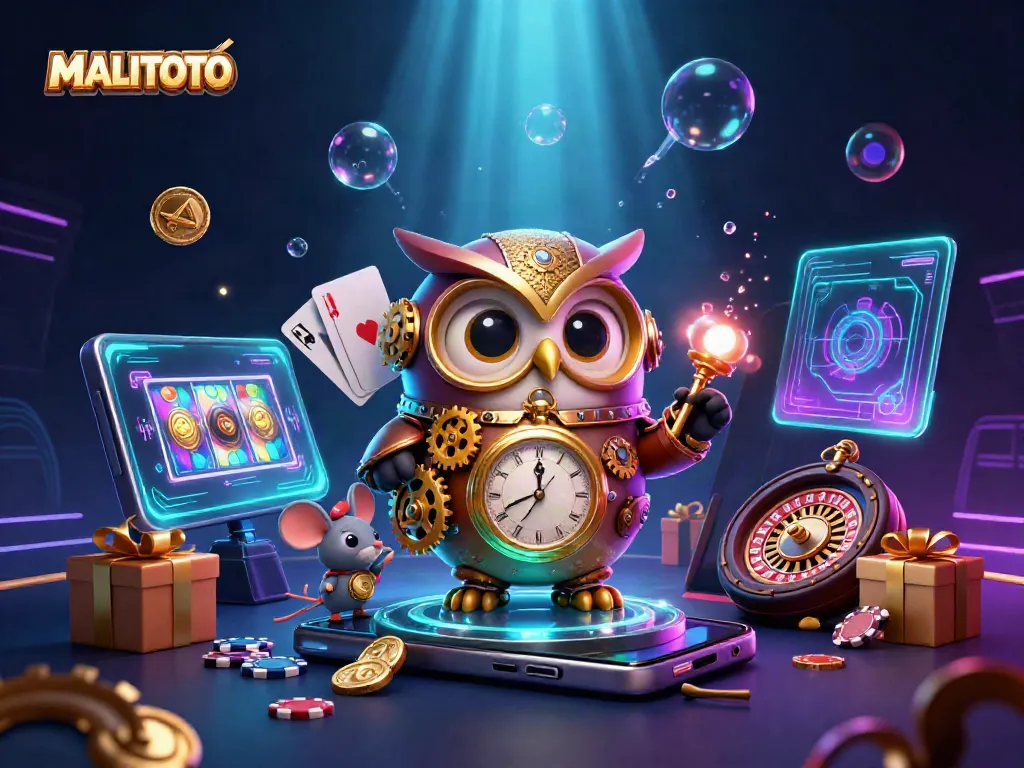 MALITOTO features a time-traveler owl and a clockwork mouse in a vibrant casino scene with interactive game elements.