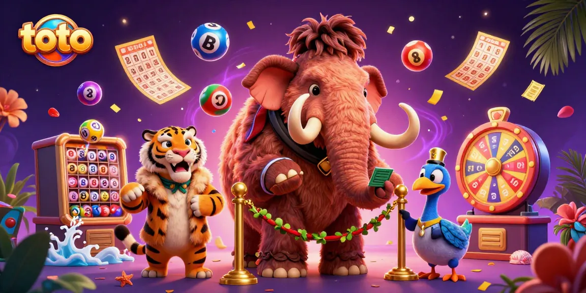Ilustrasi 3D mammoth dan teman-teman di kasino toto menampilkan bola lotere berwarna-warni dengan tumpahan uang