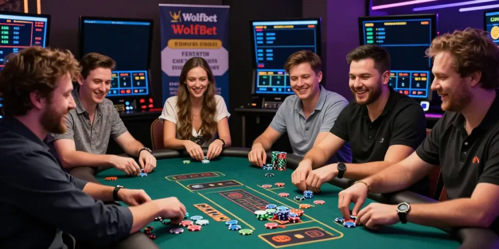 Engaging Wolfbet Bonus Page scene with players enjoying live casino table games and promotions.