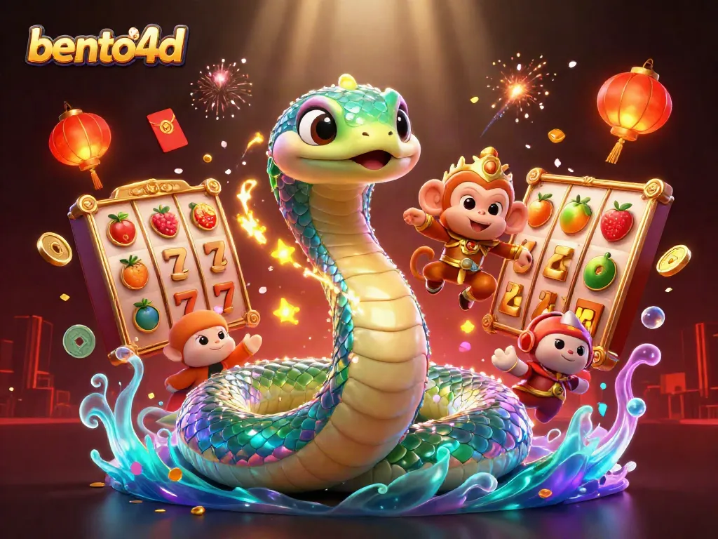 Engage with bento4d's vibrant slot gaming experience, featuring a colorful 3D serpent and monkey king.